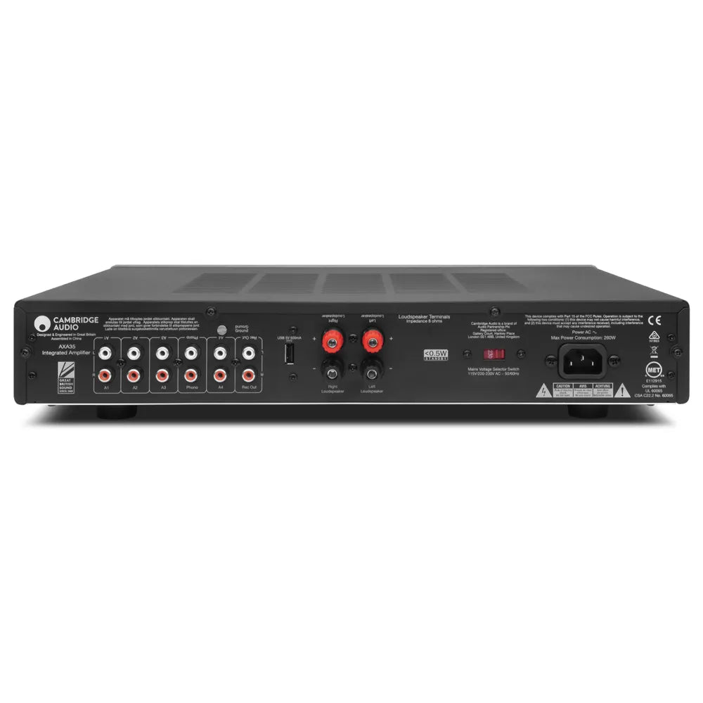 Cambridge Audio AXA35, vista posteriore con ingressi RCA, phono e morsetti per i diffusori