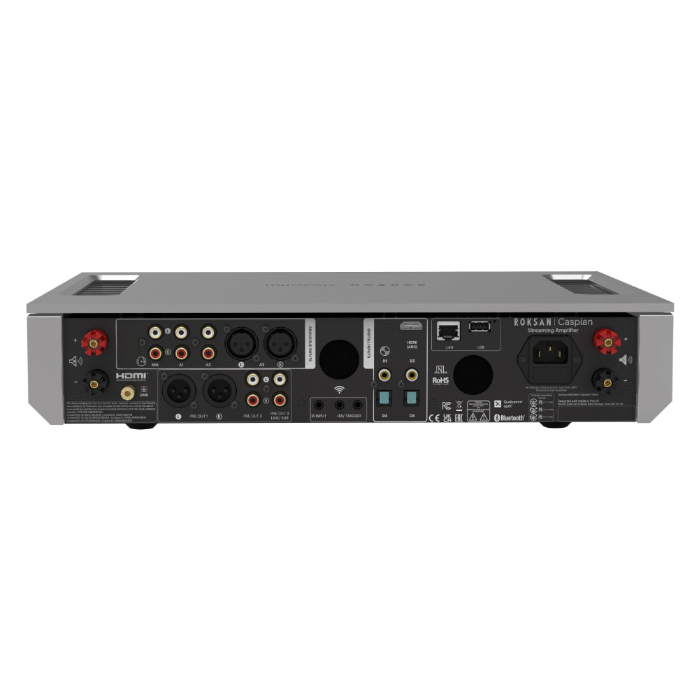 Roksan Caspian 4G Streaming Amplifier, pannello posteriore con ingressi, HDMI eARC, rete e morsetti