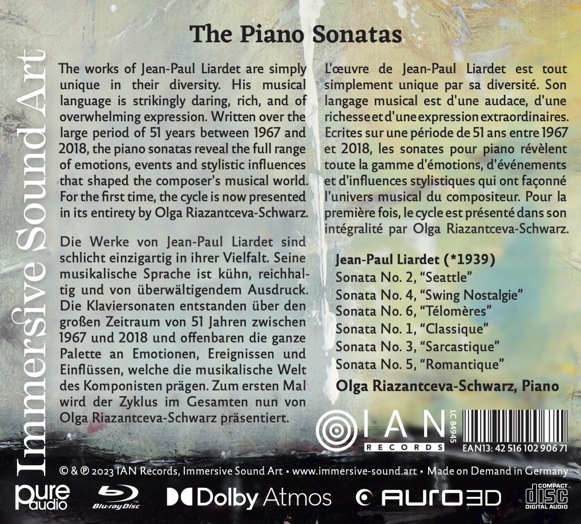 Olga Riazantceva-Schwarz – Jean–Paul Liardet: The Piano Sonatas | CD + Blu-ray Dolby Atmos, vista posteriore
