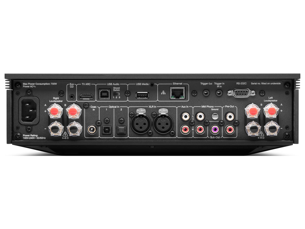 Cambridge Audio Evo 150 SE — retro con ingressi, uscite e morsetti per i diffusori
