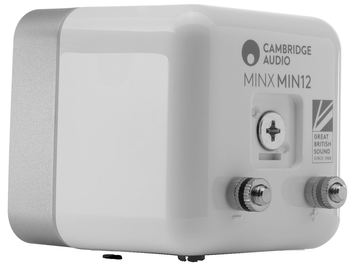 Cambridge Audio Minx Min 12 — Bianco, retro di 3/4 con i morsetti