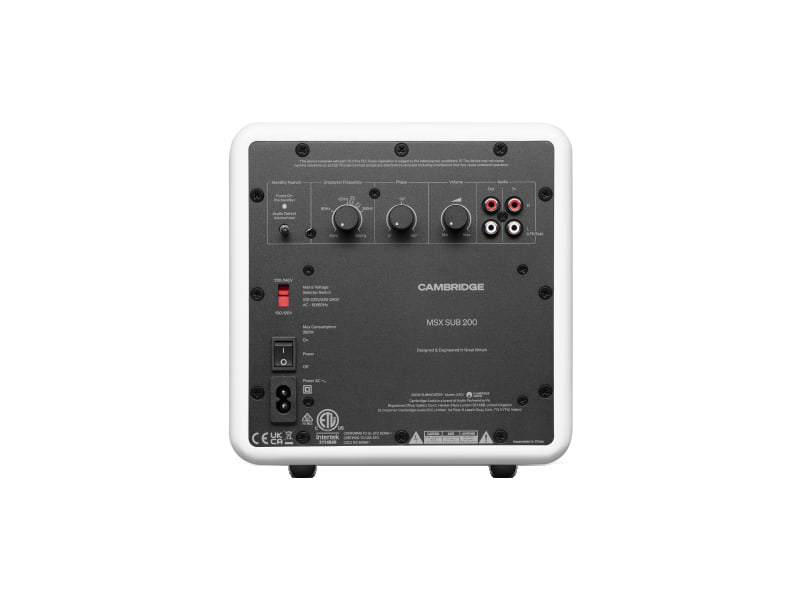 Cambridge Audio MSX Sub 200 — Bianco, retro con comandi e connessioni