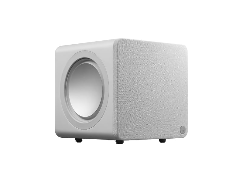 Cambridge Audio MSX Sub 200 — Bianco, 3/4 con il radiatore laterale